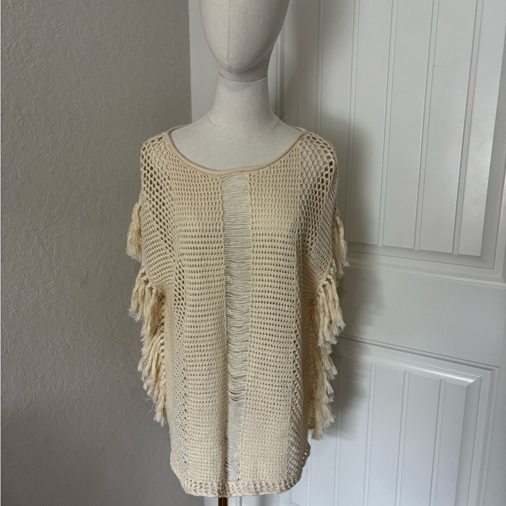 Lucky Brand‎ Women's Poncho Frill Trim Size L Cream NWT 100% Cotton